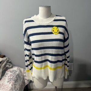 Kerri Rosenthal Crochet Knit Striped Smiley Embroidered Sweater Pullover
